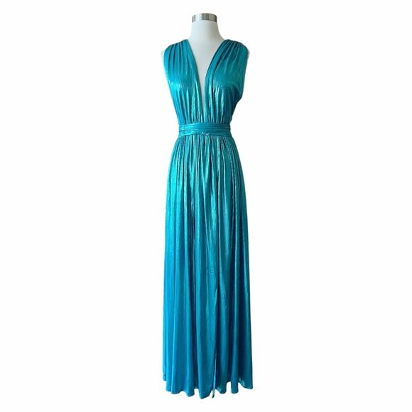 BRONX AND BANCO Romi Metallic Gown Plunge Neckline Dress Teal Turquoise Large 8 - Picture 9 of 13